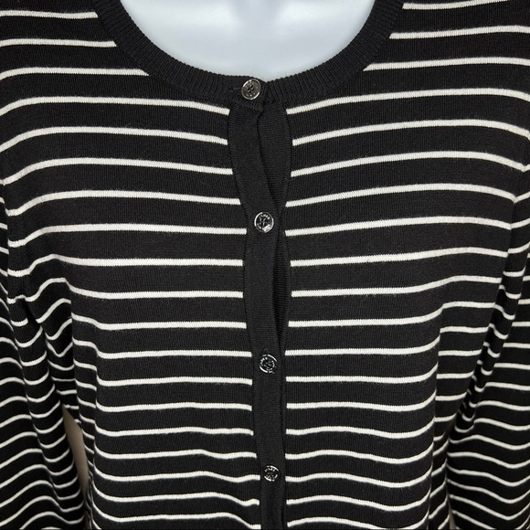 M Jones New York Black & White Striped Cardigan Sweater Long Sleeve Medium - Picture 2 of 7